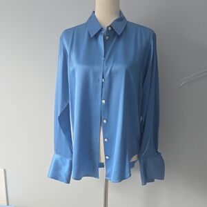 Frame Womens Long Sleeve Silk Button Up Shirt, sM, Cornflower Blue
